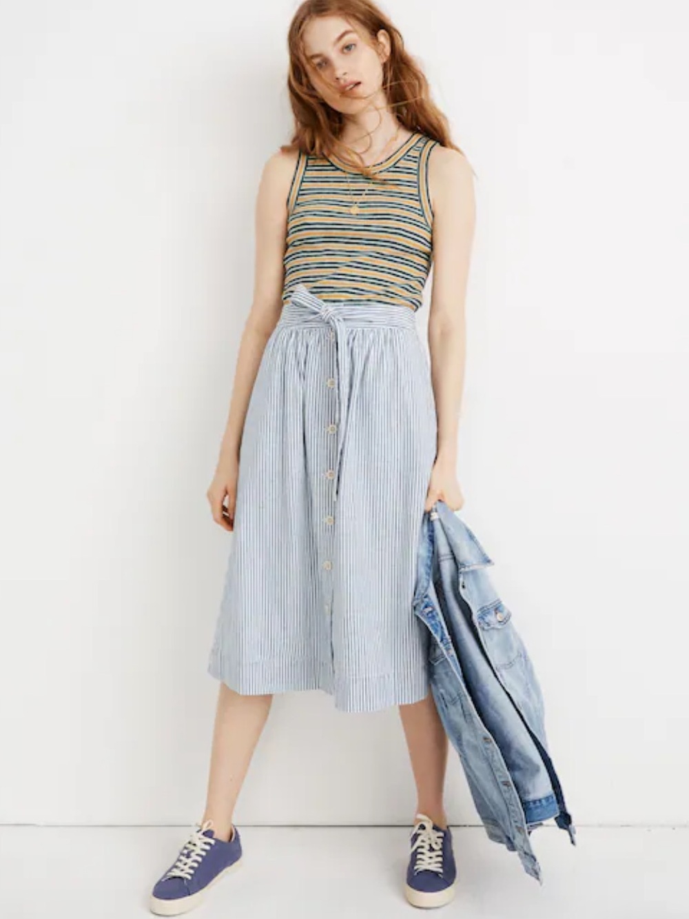 Madewell Tie Palisade Button-Front Midi Skirt in Pilar Stripe size 4